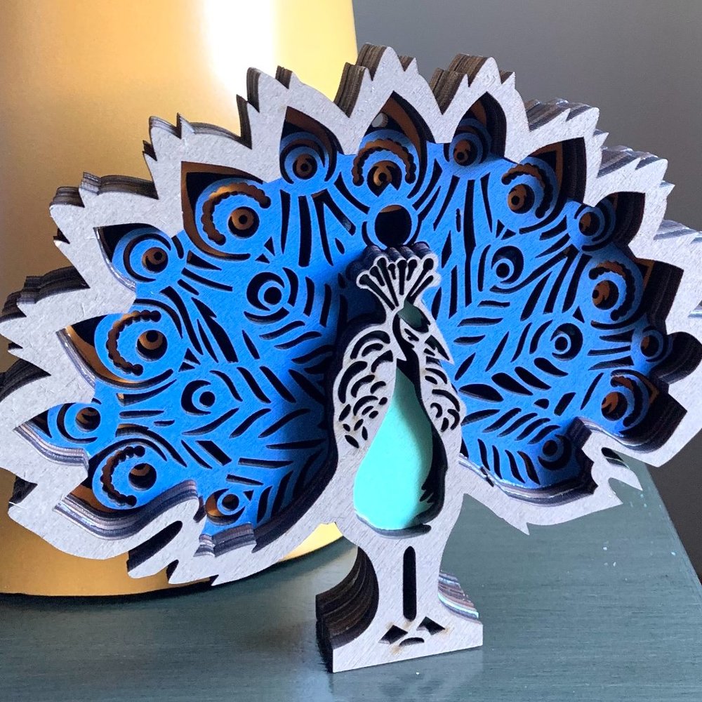 Blue Peacock Wood Wooden Multi-Layer 3D Shadow Box Diorama Sculpture Figure New